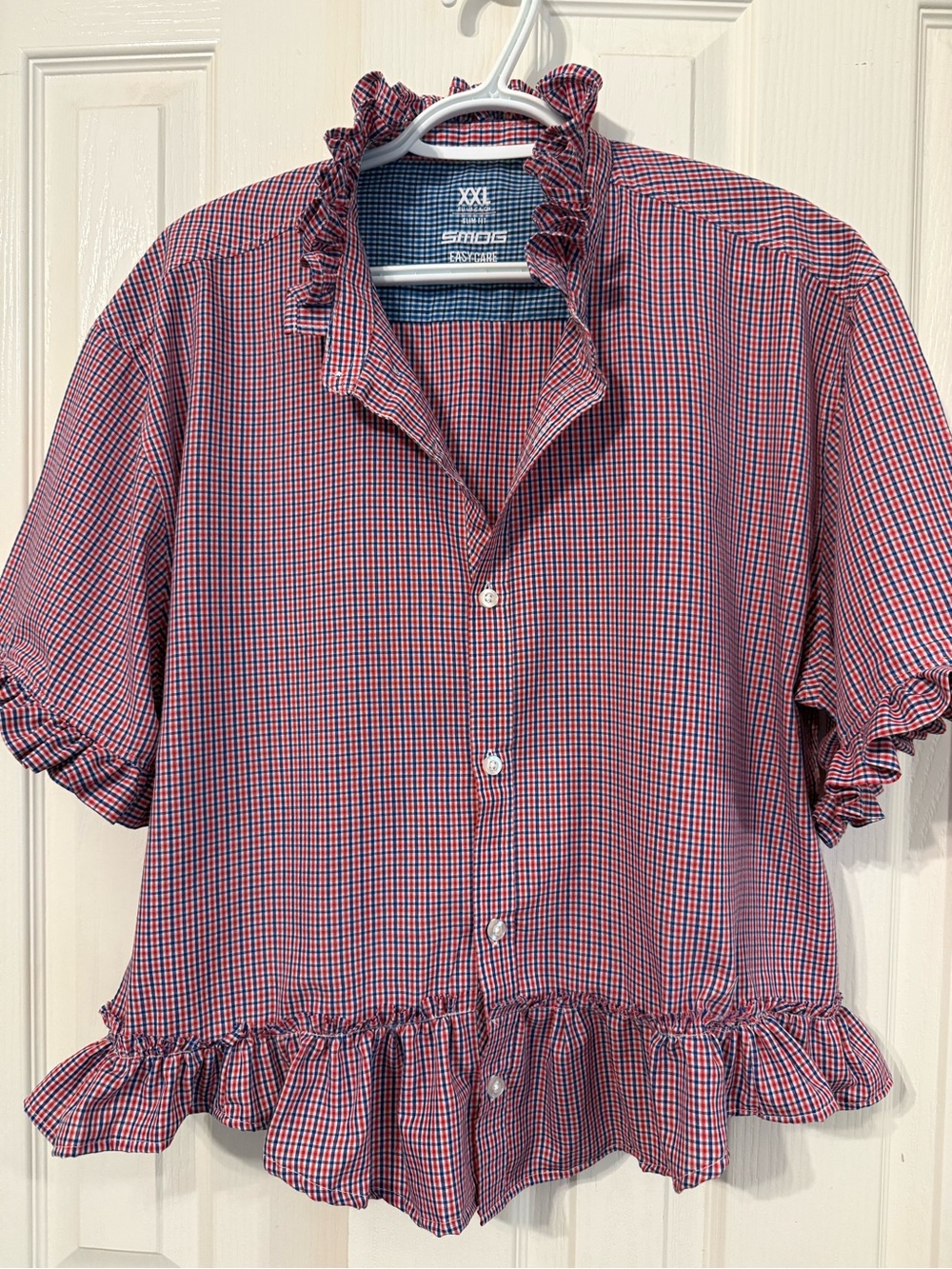 Smocked Ruffle collar Boho shirt in Red & Blue Gingham